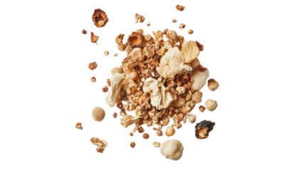 A scattered blend of granola and nuts, displayed on a white background, perfect for healthy eating concepts or snack recipes.