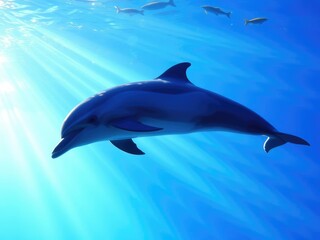 Naklejka premium A vibrant ocean blue background with a playful dolphin gracefully swimming through the water, water, peaceful