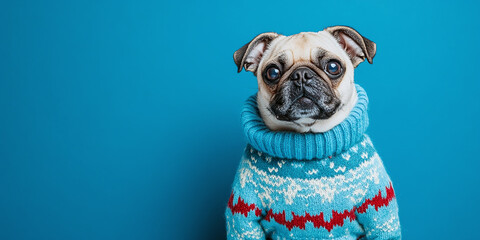 A pug in a knitted sweater posing against a blue background. A charming pet portrait that blends cuteness with style, suitable for pet blogs or marketing.