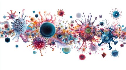 A surreal representation of viruses, floating in dreamlike compositions, isolated on white background
