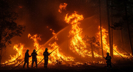 Obraz premium A heroic depiction of firefighters risking their lives to combat a forest fire. The powerful image highlights both human resilience and environmental challenges.