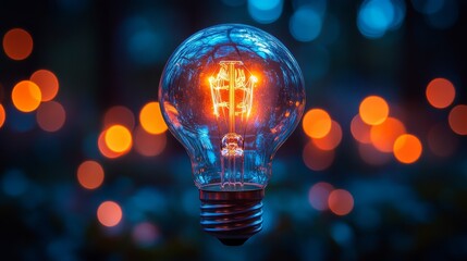 Glowing lightbulb with bokeh background.