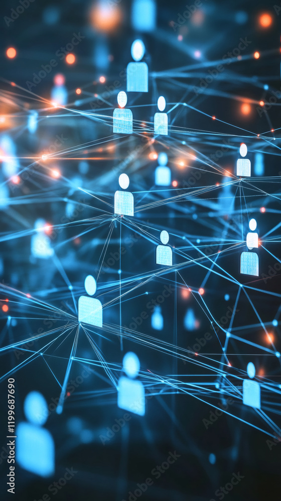Aufkleber Blue lines connecting user icons representing global communication, social media and internet connections
