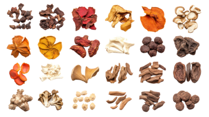 An assortment of dried herbs and spices in various colors and textures arranged in a grid on a white background.