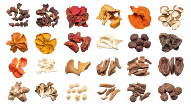 An assortment of dried herbs and spices in various colors and textures arranged in a grid on a white background.