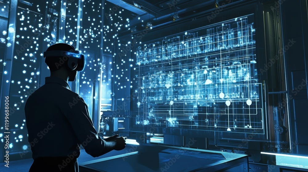 Poster the engineer peers through their ar headset at a large control screen displaying a 3d version of the