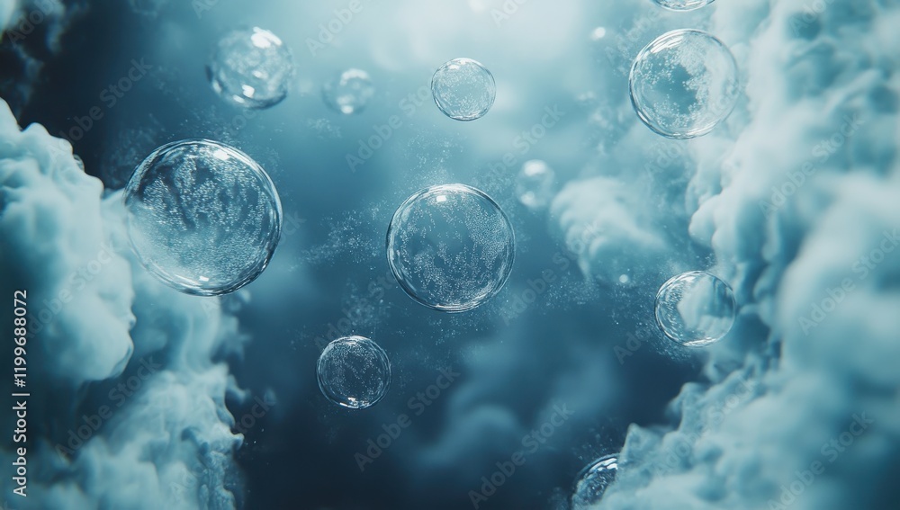 Poster ethereal bubbles floating among soft clouds in a dreamy atmosphere with subtle lighting and textures