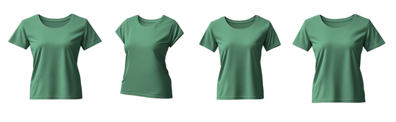 Set of green t-shirts for women, front and back view, isolated on a transparent background