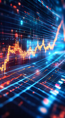 Candlestick graph showing rising trend on digital display, representing financial market growth and investment success