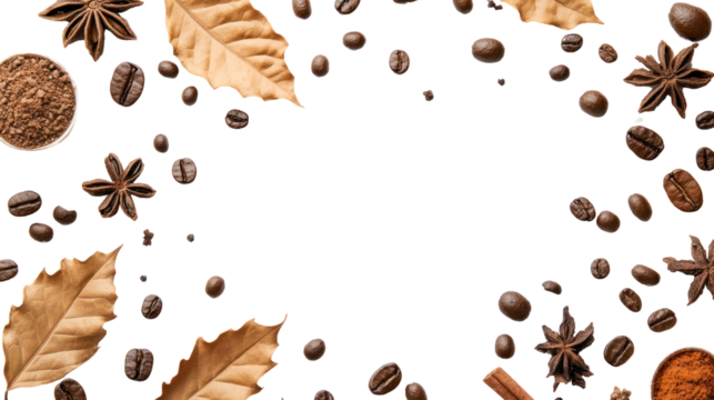 A creative arrangement of coffee beans, spices, and leaves forming a circular frame on a black background, perfect for beverage-related designs.