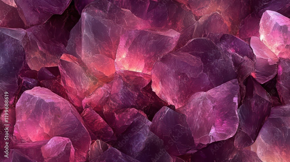 Poster a vibrant array of purple-hued crystals with varying textures and light reflections, creating a stun