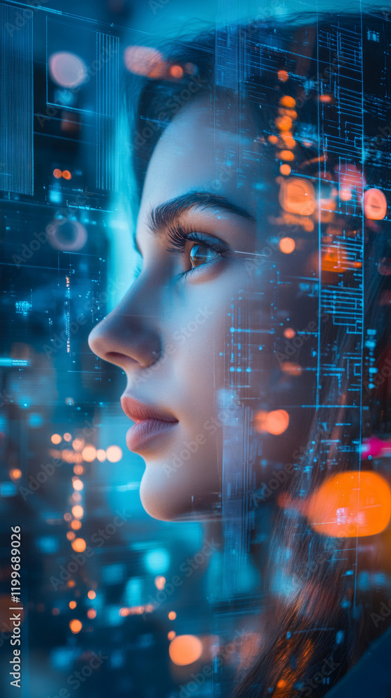 Fototapete profile of a software engineer analyzing holographic data in augmented reality, concept of future te