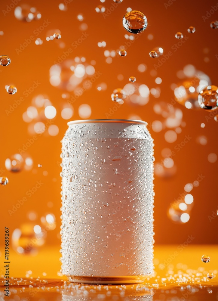 Poster fresh and chilled beverage can surrounded by bubbles and water droplets on vibrant orange background