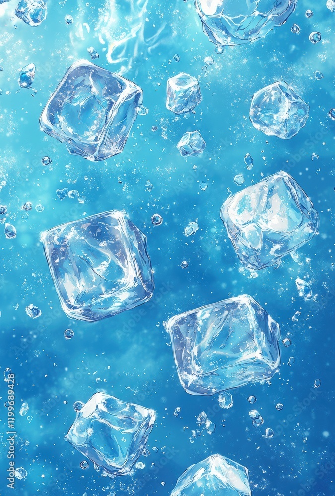 Poster fresh and crisp ice cubes floating in clear water creating bubbles and reflections, perfect for beve