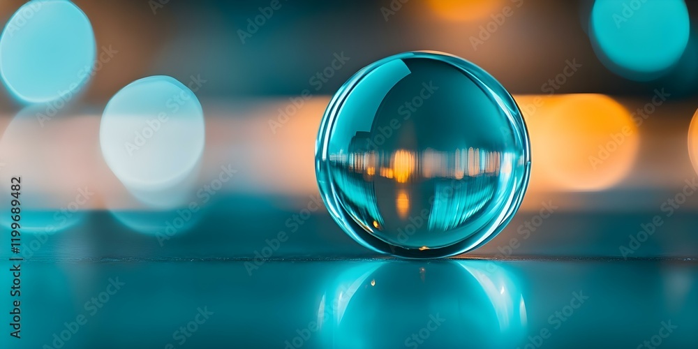 Poster a clear glass orb reflecting colorful lights, creating an artistic and abstract visual effect. conce
