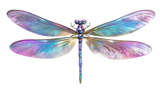 A stunning iridescent dragonfly with colorful wings, perched elegantly. Perfect for nature-themed designs or wildlife illustrations.