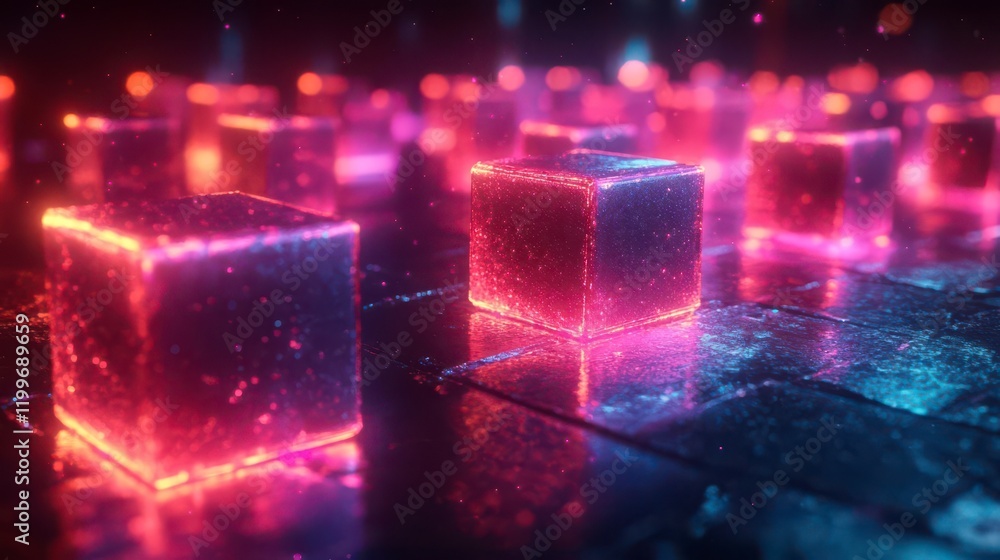 Poster a mesmerizing scene of illuminated, glowing cubes on a reflective surface, creating a vibrant, tech-
