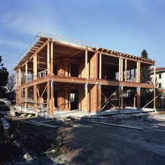 Suburban wood-frame house under construction, sunny day