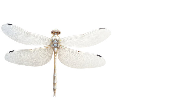 A delicate white dragonfly featuring intricate wing patterns, isolated on a translucent background, perfect for nature-themed designs.