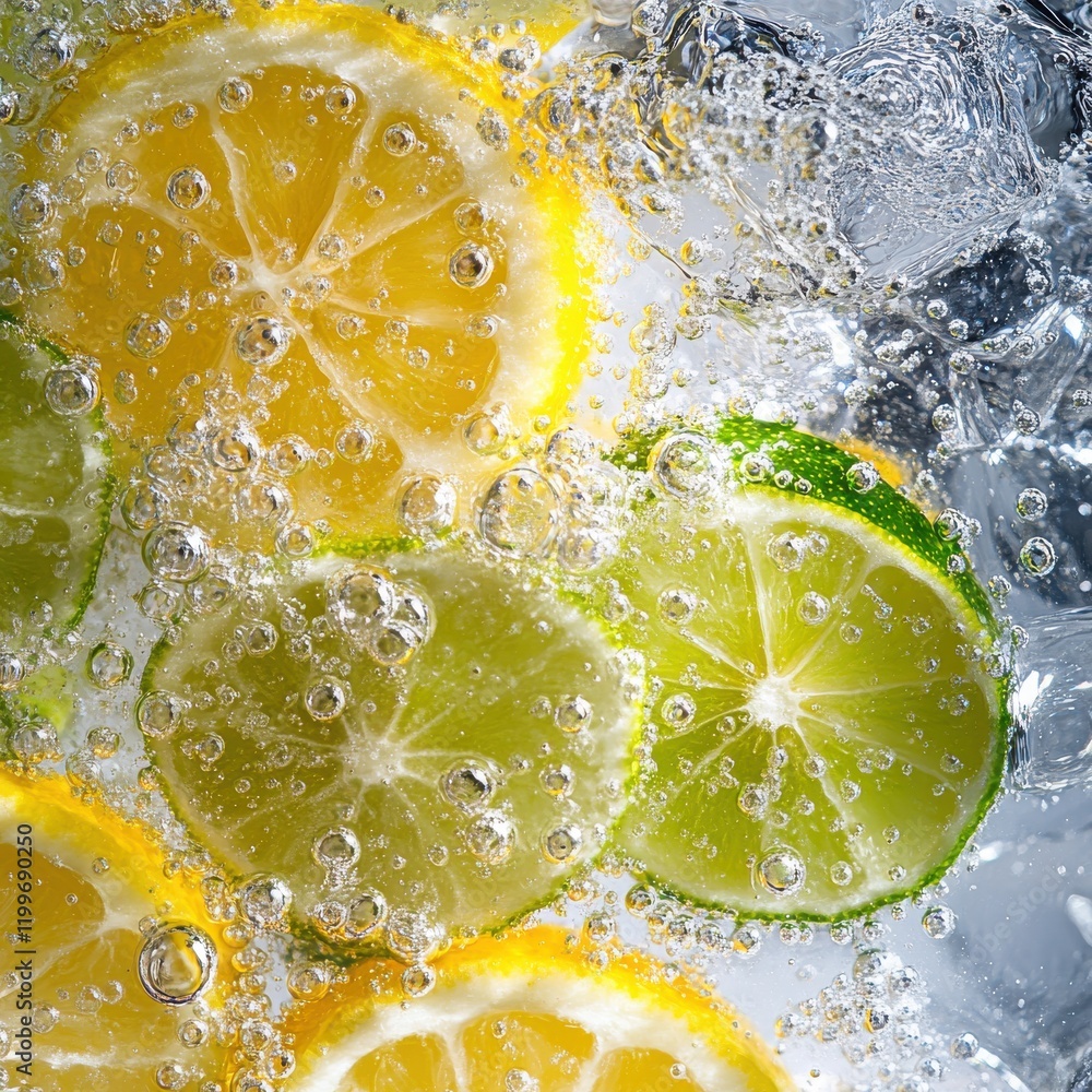Poster fresh citrus slices floating in sparkling water with bubbles in a refreshing summer drink concept fo