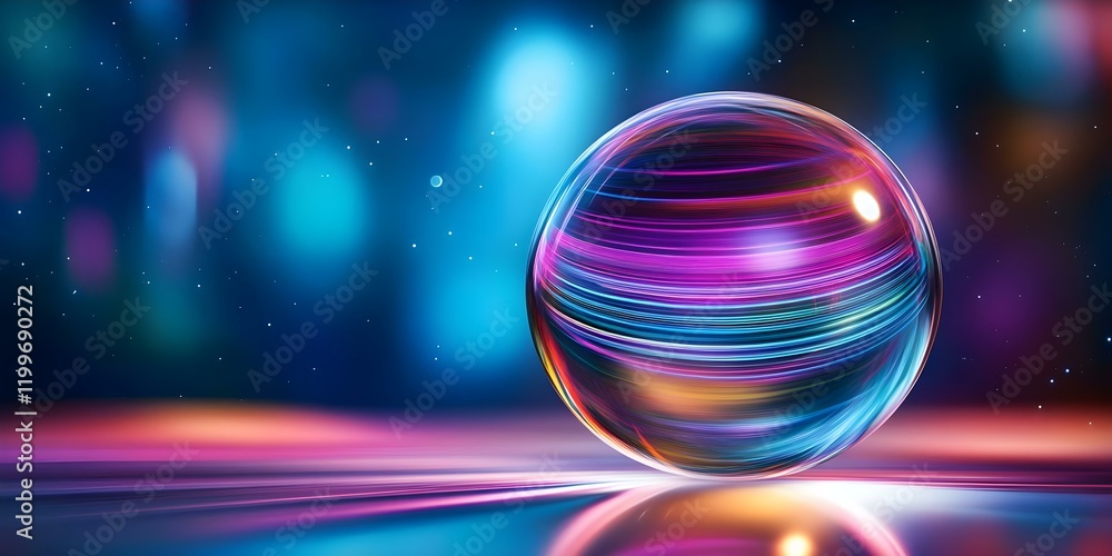 Poster a colorful, reflective sphere with swirling patterns set against a vibrant, abstract background of b