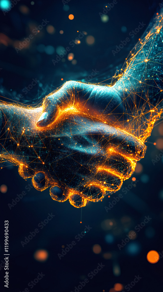 Poster polygonal hands engaging in a futuristic handshake symbolize a technological agreement rooted in inn