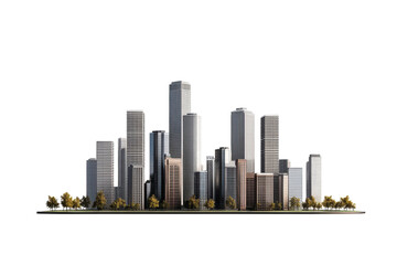 Urban skyline showcasing modern architecture with towering buildings and green spaces in a vibrant cityscape isolated on transparent background