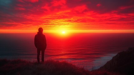 Silhouetted person watching fiery ocean sunset.