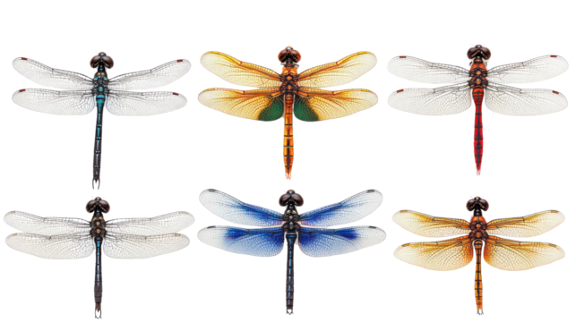 Six colorful dragonflies on a white isolated background, showcasing various intricate details and vibrant hues. Perfect for nature-themed projects.