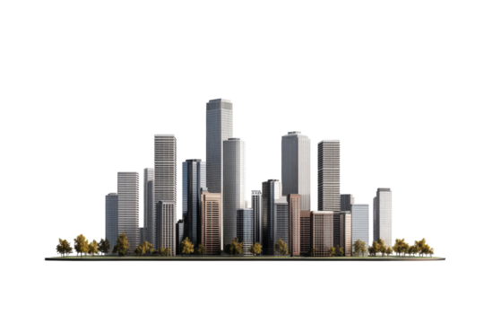 Urban skyline showcasing modern architecture with towering buildings and green spaces in a vibrant cityscape isolated on transparent background