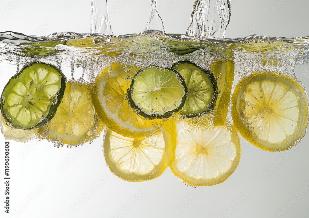 Aufkleber fresh lemon and lime slices floating in sparkling water with bubbles, perfect for summer refreshment