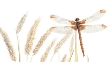 A delicate dragonfly perched gracefully on soft, airy grasses, showcasing nature's beauty against a white isolated background.