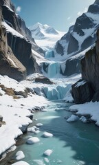 A snow-capped glacier calving into an icy river , ice shelf collapse, icy river