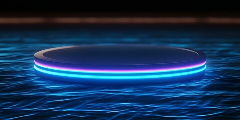 A futuristic platform with glowing blue and purple edges, reflecting on a surface that resembles water. Concept Futuristic Design, Glowing Edges, Reflective Water Surface, Blue and Purple Aesthetics