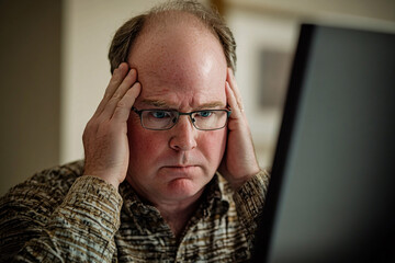 Bald Man Rubbing His Temples in Frustration at Work