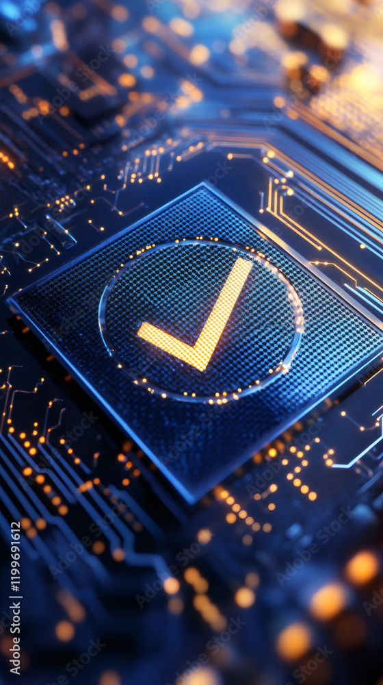 Poster Close-up of a CPU with glowing check mark, symbolizing validation, success, and security in technology