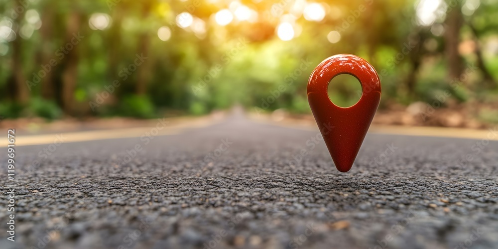 Poster a red location pin sitting on a road in a forested area, symbolizing navigation or a specific destin