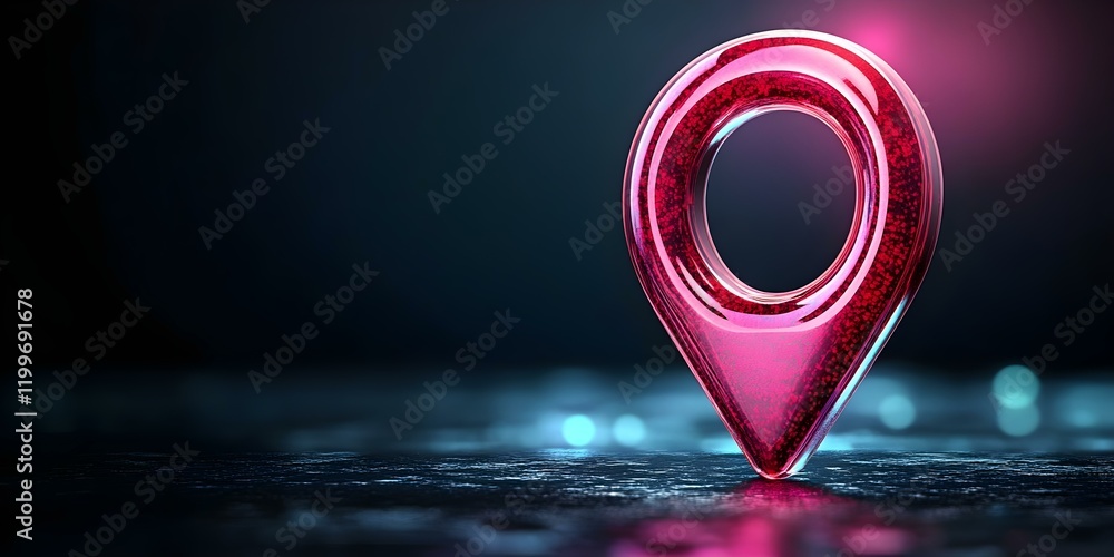 Poster a shiny, translucent red location pin icon set against a dark, gradient background with soft lightin