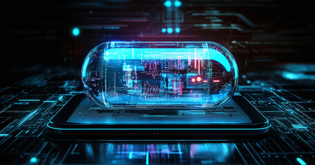 Obraz premium A futuristic digital pill with glowing blue components, symbolizing advanced medicine and technology. Perfect for healthcare, innovation, or futuristic design themes.