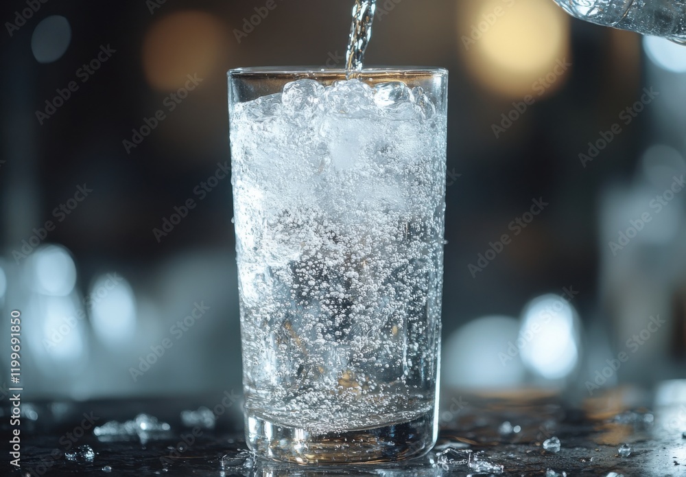 Poster fresh sparkling water being poured into glass with ice cubes, creating bubbles and effervescence in 
