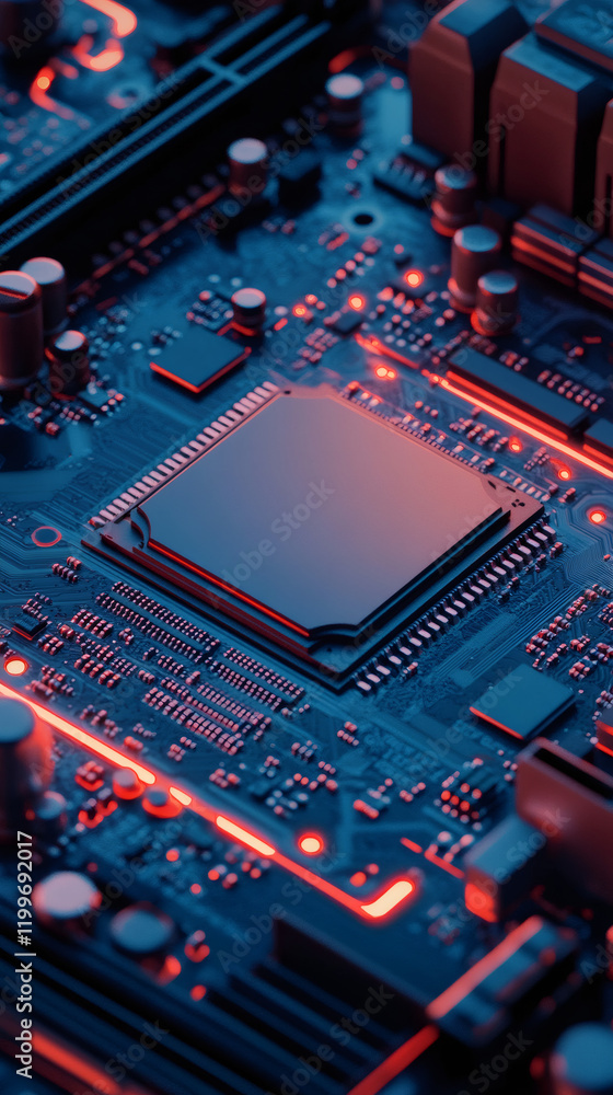 Poster red-glowing cpu cooler illuminating complex circuitry, revealing sophisticated computer hardware tec