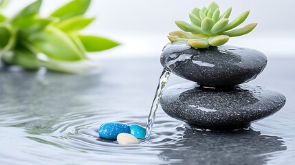 Naklejka premium Zen Garden Water Flowing over Stacked Stones with Succulent