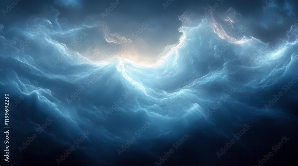 Poster a stunning depiction of turbulent blue clouds illuminated by soft, ethereal light, creating a sense 
