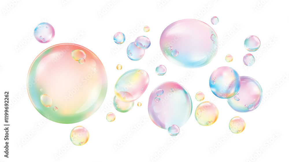 Poster png colorful floating iridescent soap bubbles on transparent background
