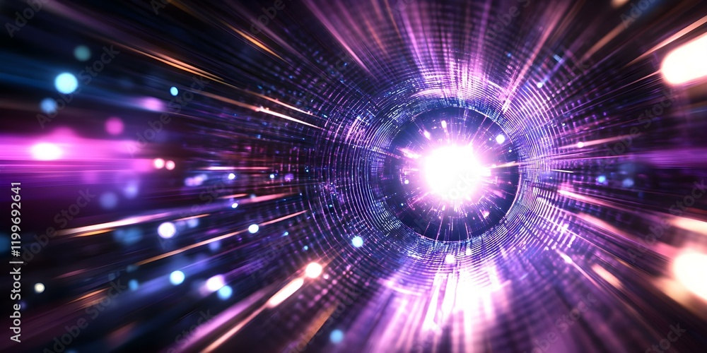 Poster a colorful, abstract representation of a light source emitting rays, suggesting movement through a t