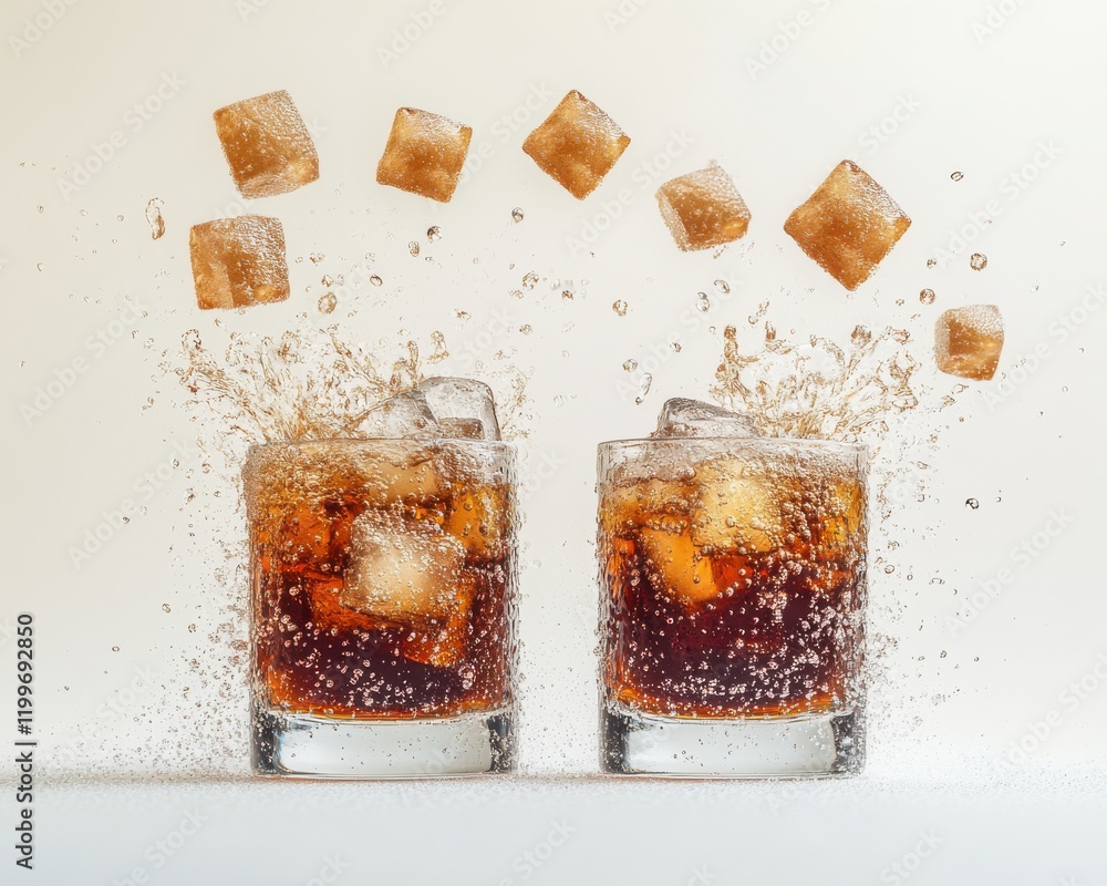 Poster freshly poured bubbly soft drink with ice cubes splashing and captivating bubbles in a refreshing be