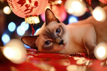 Siamese cat celebrates chinese new year under lanterns festive red canopy cozy atmosphere captivating scene