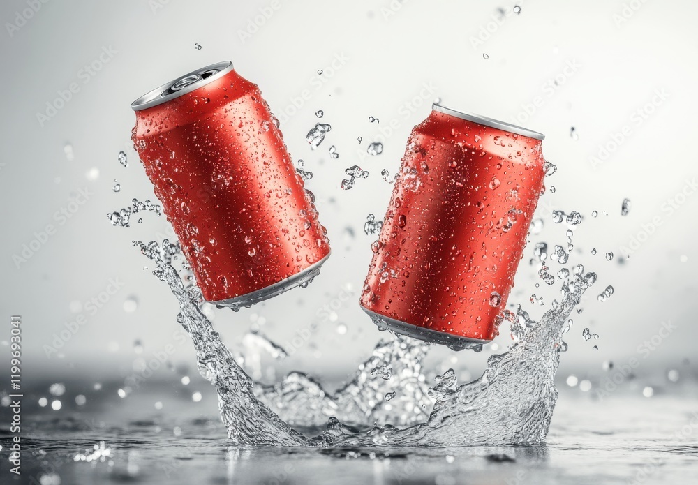 Poster freshly splashing red cans in water with bubbles and reflections creating a refreshing atmosphere id