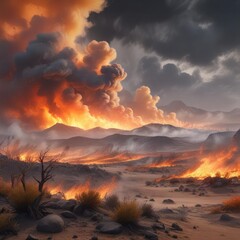 Fototapeta premium A massive wildfire spreads across a dry landscape filled with thick grey and orange smoke, forest fires, wildfire smoke