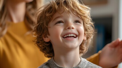 Cheerful young child with curly hair singing enthusiastically while the supportive teacher applauds and encourages their musical performance in a classroom setting